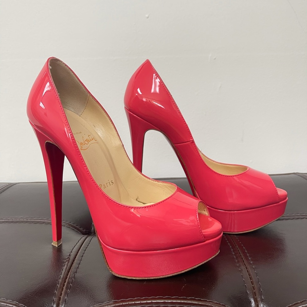 Christian Louboutin Pink Patent Peep-Toe Platform Pumps